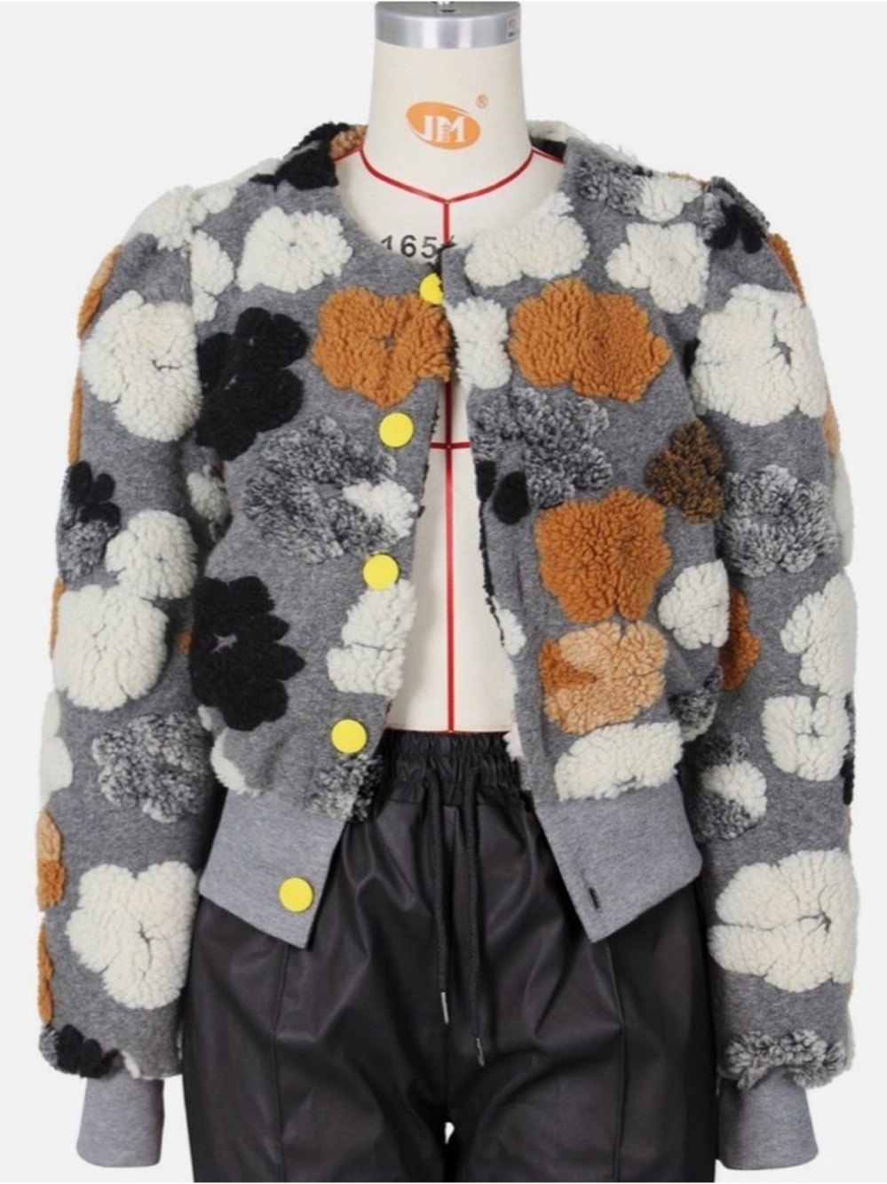 Gray Floral Sherpa Bomber Jacket with Yellow Buttons